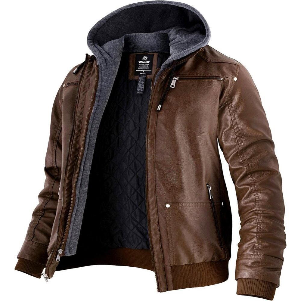 Men's Brown-Thick Winter Coat Faux Leather Spring Jacket with Removable Hood - Picture 1 of 6